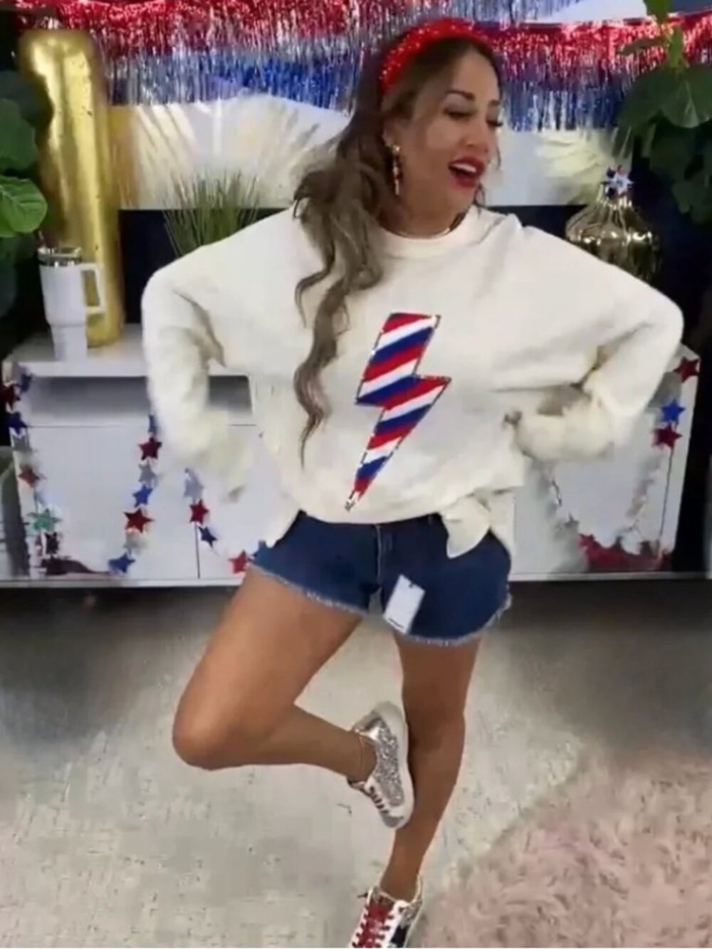 Fantastic Fawn patriotic lightning bolt sweatshirt Sequin Oversized Pullover